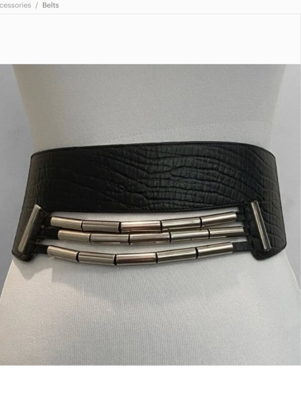 Corset Waist Black Leather Belt w/ Silver Metal Bar Detail Size Small